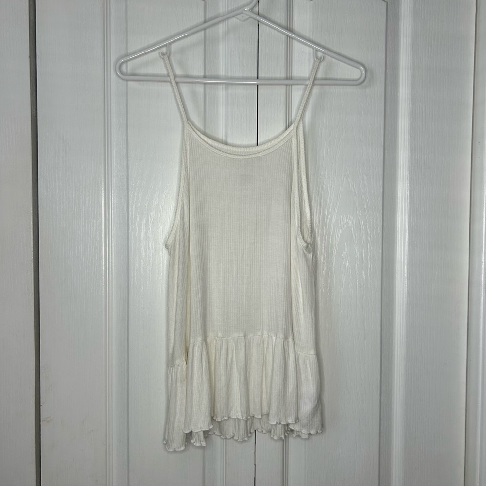 American Eagle women’s white, soft and sexy rib tank top, ruffle hem medium